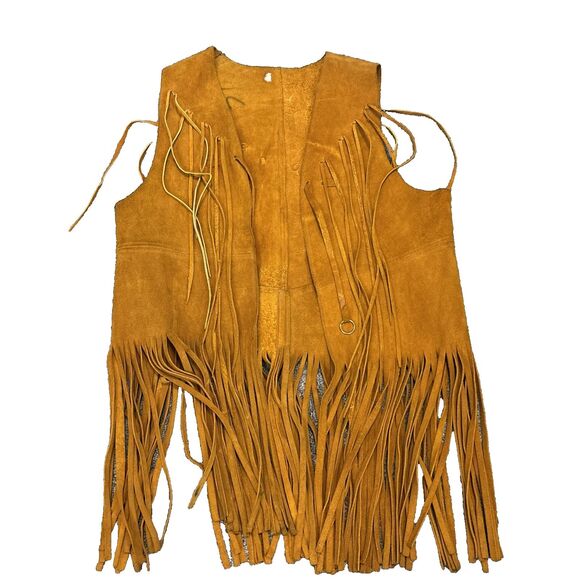 1970s Leather Suede Gold Yellow Fringe Vest Long Vtg (see measurements) - Picture 1 of 7